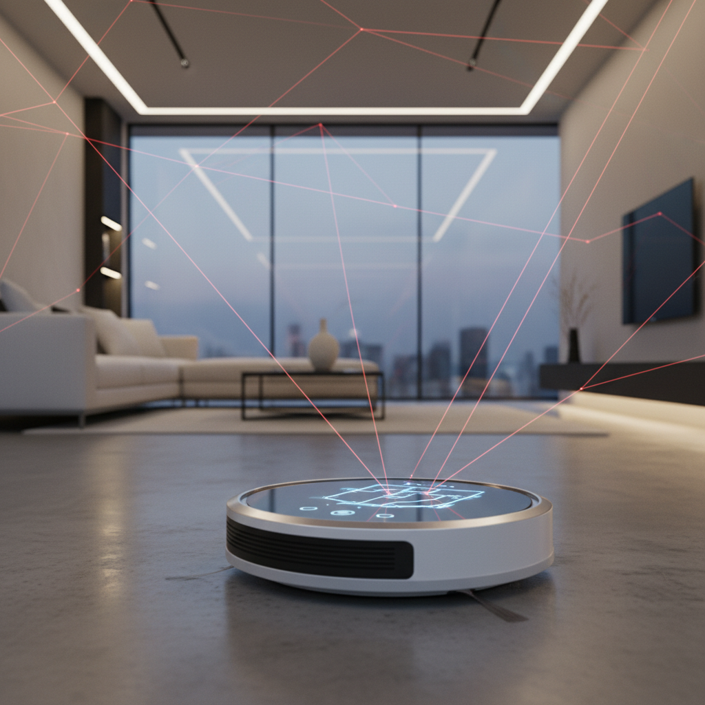 A sleek, modern robot vacuum cleaner navigating a minimalist living room with subtle laser beams illustrating LiDAR mapping technology, high-tech aesthetic, soft indoor lighting.
