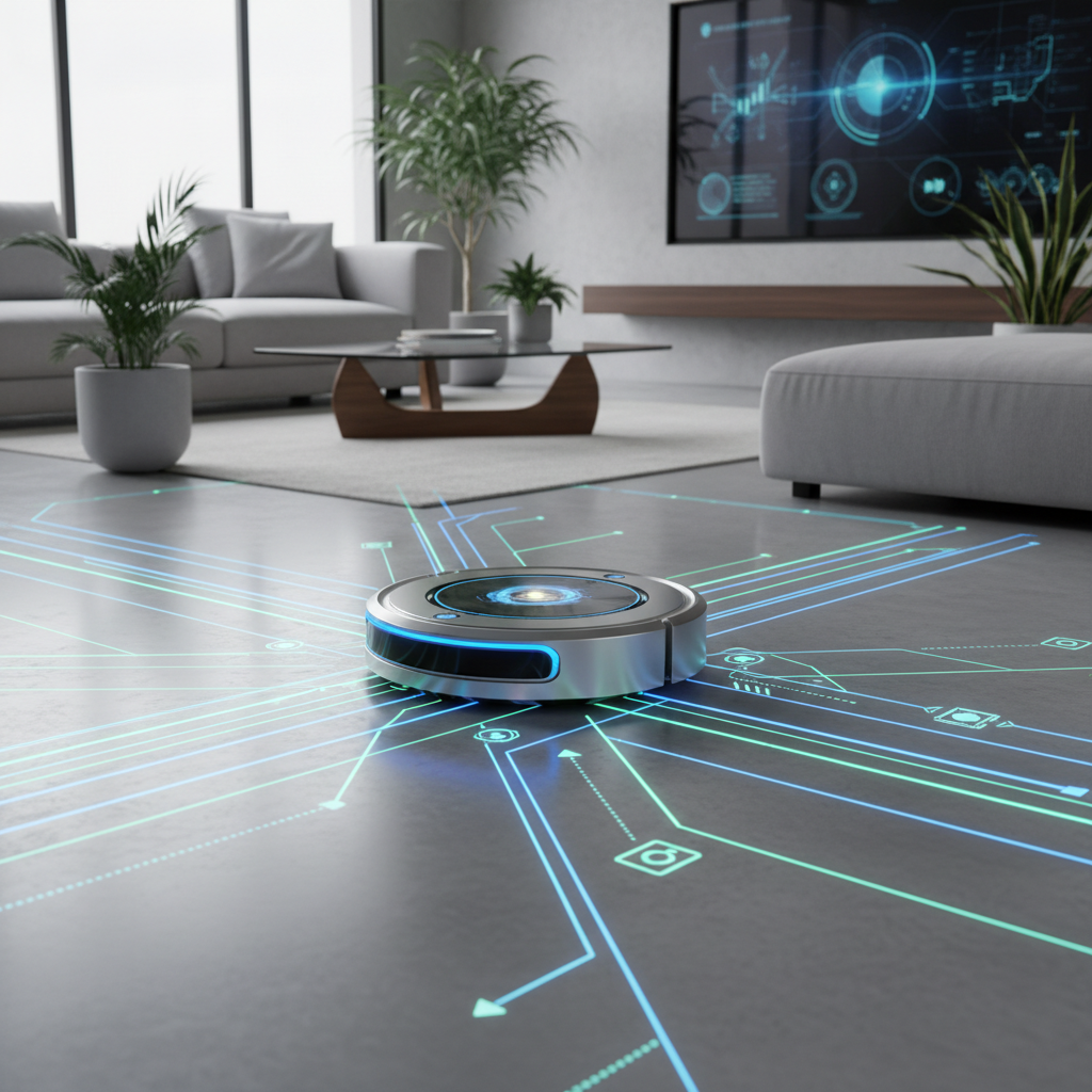 A futuristic robot vacuum cleaner navigating a modern living room, showing glowing digital lines on the floor representing different navigation paths like laser beams and camera icons.