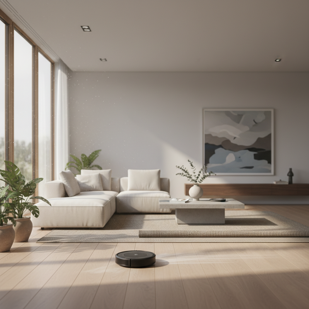 A modern, minimalist living room with a sleek black robot vacuum cleaning a light wood floor during a sunny afternoon, cinematic lighting, 8k resolution