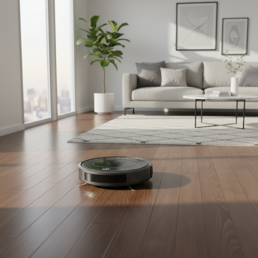 A sleek, high-end robot vacuum navigating a modern minimalist living room with hardwood floors, avoiding a small rug, captured in soft evening light.