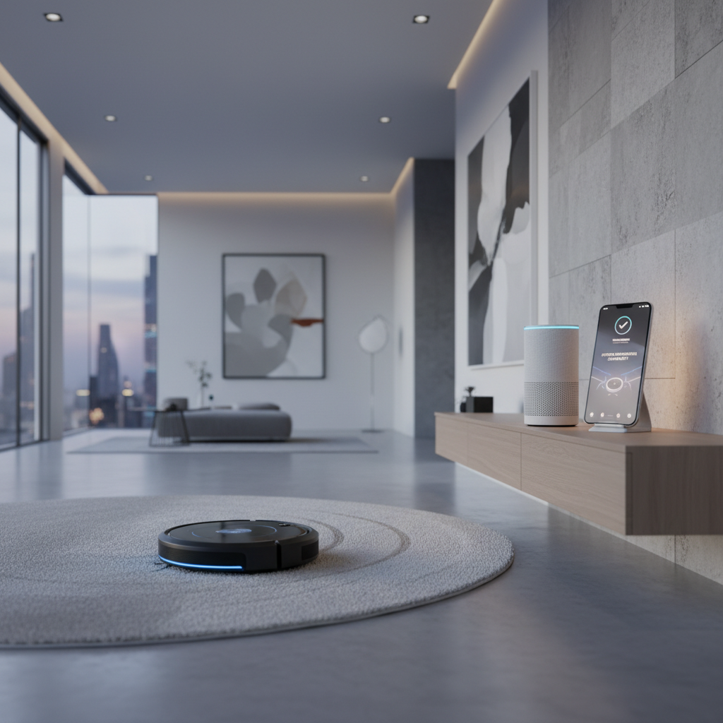 A high-tech living room featuring a modern robot vacuum cleaner navigating a minimalist floor, with a voice assistant speaker in the background and a soft glow from a smartphone interface showing successful integration.