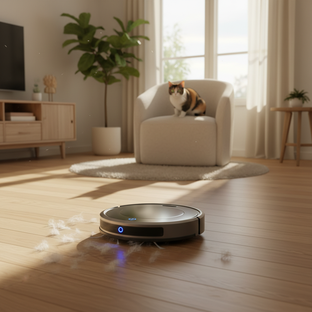 A sleek modern robot vacuum cleaning a hardwood floor covered in golden retriever fur, with a curious cat watching from the background in a sunlit living room.