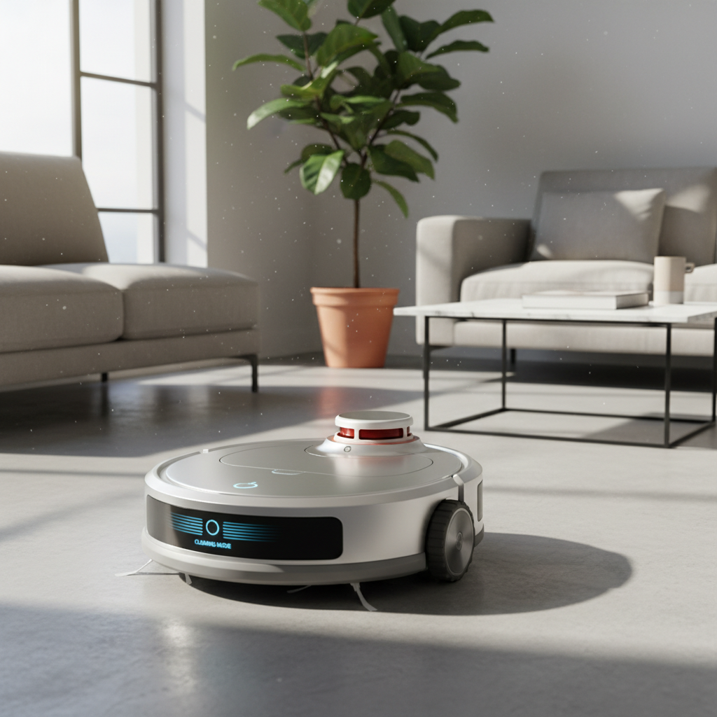 A sleek, modern robot vacuum cleaner navigating a sunlit living room with minimalist furniture, highlighting its laser sensors and clean design.