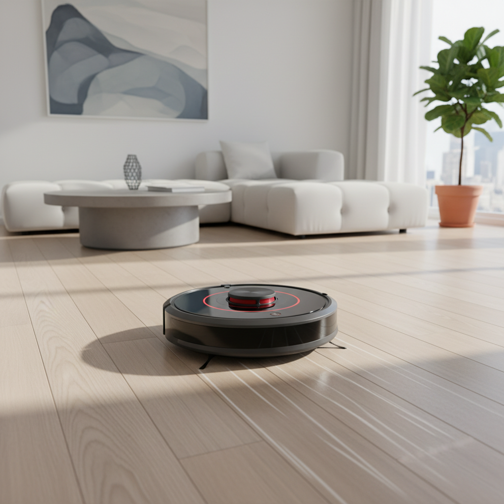 A sleek, charcoal-colored robot vacuum cleaner equipped with a visible laser sensor on top, navigating across a polished light wood floor in a brightly lit, minimalist living room with modern furniture.