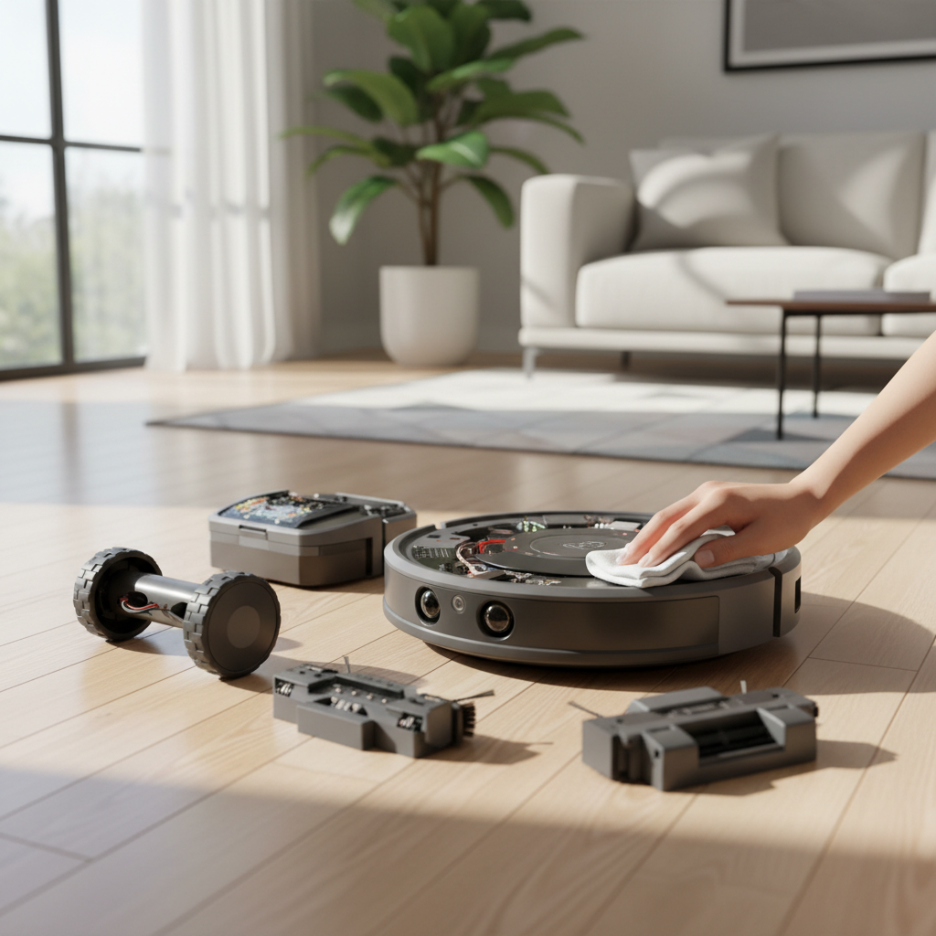 A high-tech robot vacuum cleaner disassembled on a clean wooden floor with a person using a microfiber cloth to wipe its sensors, soft natural lighting, modern minimalist home interior.